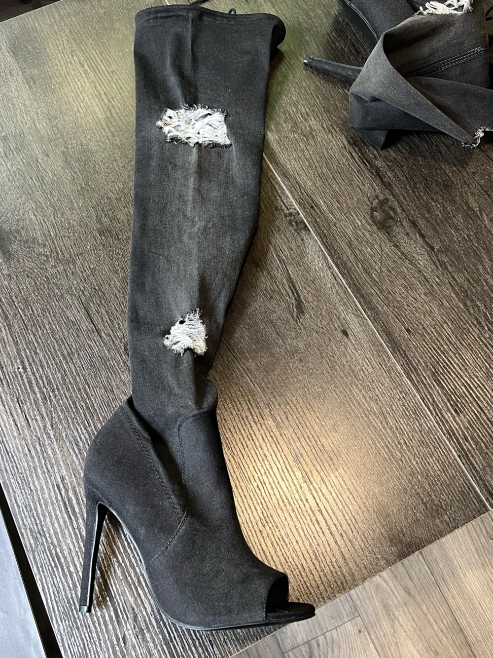 Black Distressed Denim Peep-Toe Heeled Boots